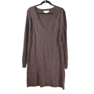 MICHAEL KORS Sweater Dress V-Neck Long Sleeve Textured Brown Womens M minimalist